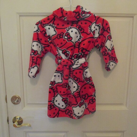 Girls Hello Kitty Fleece Dark PInk & White Bathrobe with tie sash Size 4 - XS - Picture 2 of 4